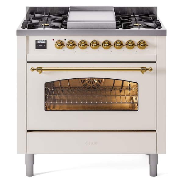 ILVE Nostalgie II 36 in. 6 Burner plus Griddle Freestanding Dual Fuel Natural Gas Range in Antique White with Brass Trim