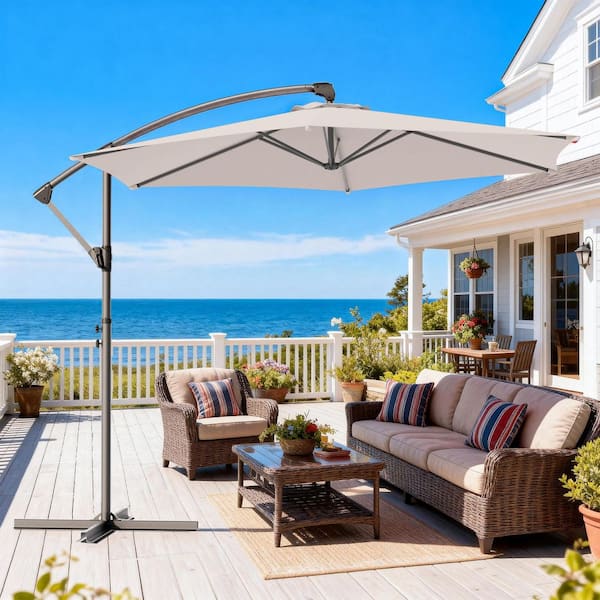 10 ft. Octagon Steel Offset Patio Umbrella with Secure Lockand Raised Base Pole, Stable Outdoor Umbrella in Beige