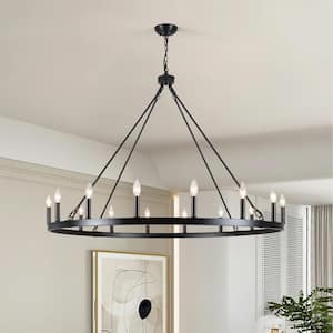 16-Light Black Farmhouse Candle Design Circle Hanging Wagon Wheel Chandelier for Living Room with No Bulbs Included