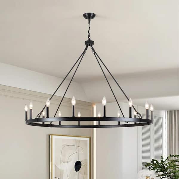 ZJVAIVE 16-Light Black Farmhouse Candle Design Circle Hanging Wagon Wheel Chandelier for Living Room with No Bulbs Included