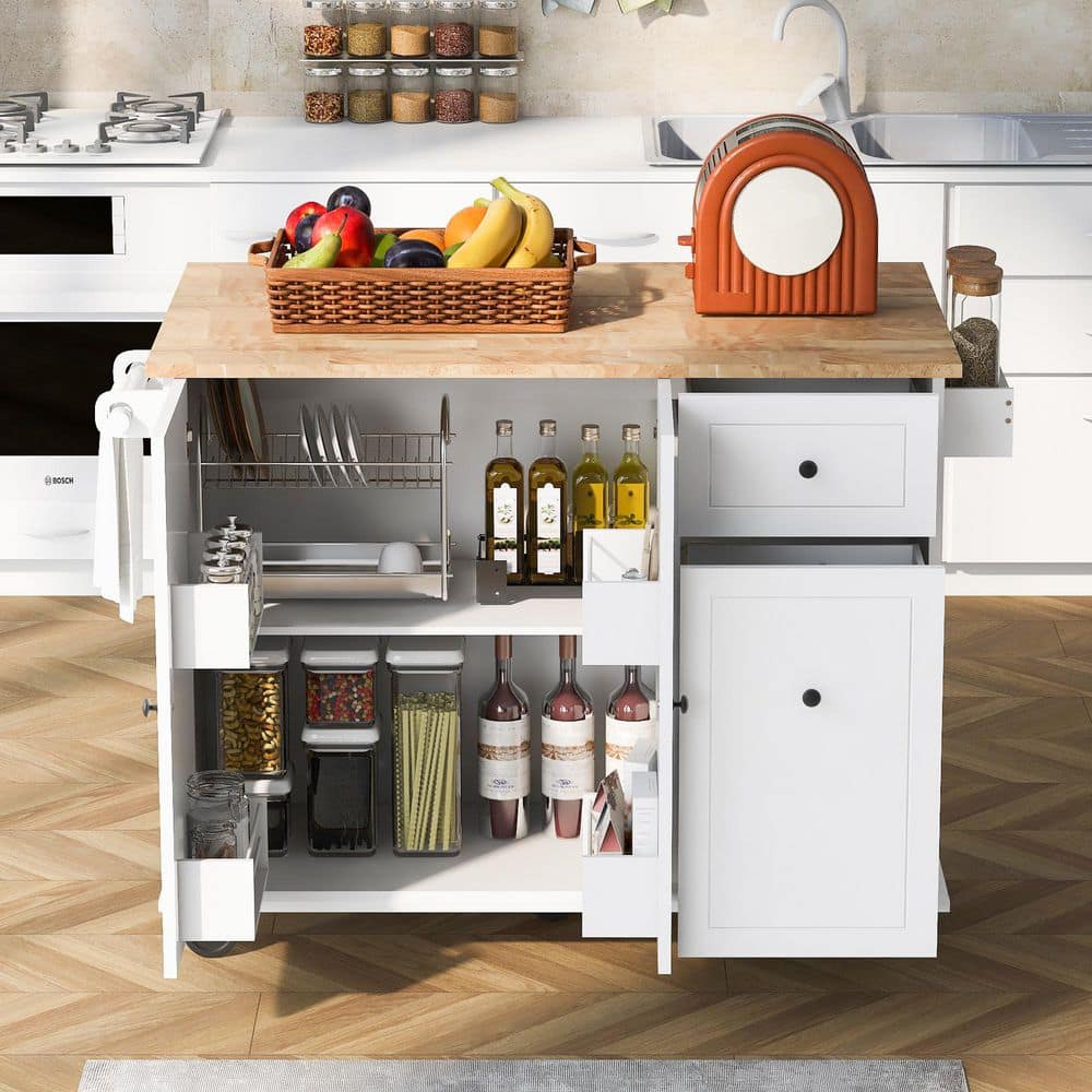 White Rubber Wood Kitchen Cart with Spice Rack and Towel Rack