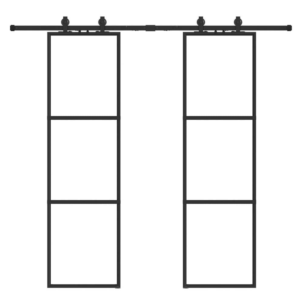 48 in. x 84 in. Full-lite Clear Glass Black Metal Frame Double Sliding Barn