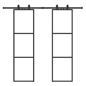 24 in. x 84 in. Full-lite Clear Glass Black Metal Frame Double Sliding Barn Door with Hardware Kit and Soft-close