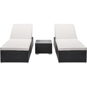 3-Piece Wicker Outdoor Chaise Lounge Chair Set with Functional Side Table, Reclining Backrest and White Cushions