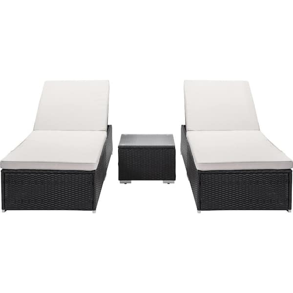 Willit 3-Piece Wicker Outdoor Chaise Lounge Chair Set with Functional Side Table, Reclining Backrest and White Cushions