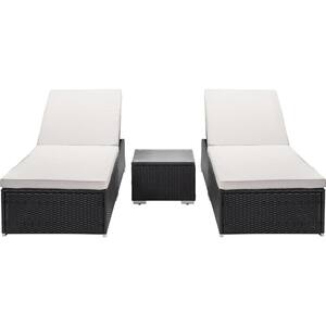 Brown 3-Piece Wicker Outdoor Chaise Lounge Set with Functional Side Table, Reclining Backrest and Beige Cushions