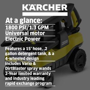 1800 PSI 1.30 GPM K 3 Follow Me Portable Electric Power Pressure Washer on Wheels with Vario & Dirtblaster Spray Wands