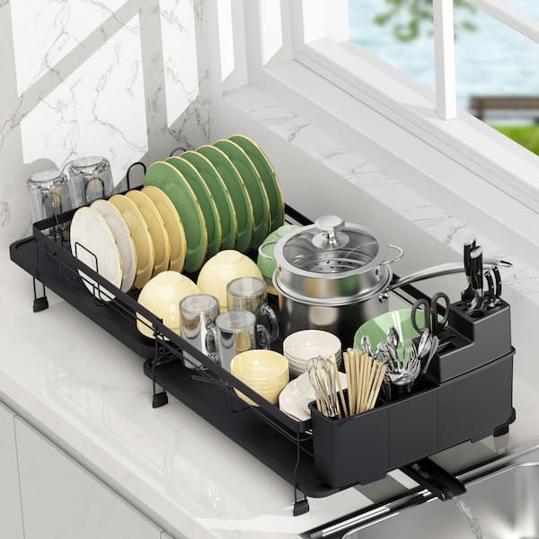 Adjustable Dish Drying Rack, Stainless Steel Expandable Dish Rack with Swivel Spout & Removable Utensil Holder, Black