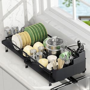 Adjustable Dish Drying Rack, Stainless Steel Expandable Dish Rack with Swivel Spout & Removable Utensil Holder, Black