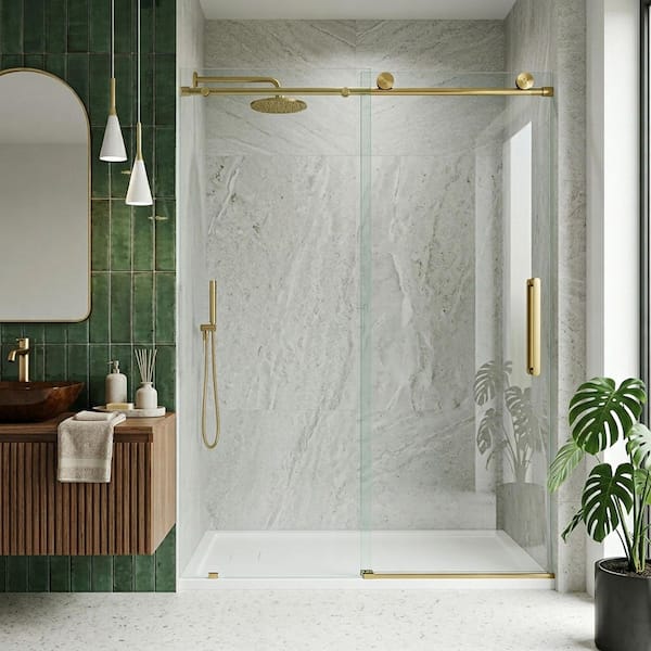 Elan 56 to 60 in. W x 76 in. H Frameless Sliding Shower Door VMotion in Matte Brushed Gold Clear Glass