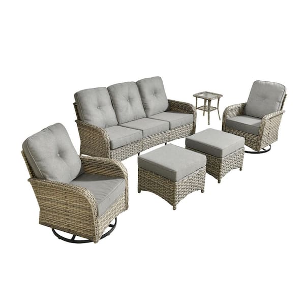 Beverly Gray 6-Piece Wicker Patio Conversation Sofa Swivel Chairs Set with Ottomans and Dark Gray Cushions