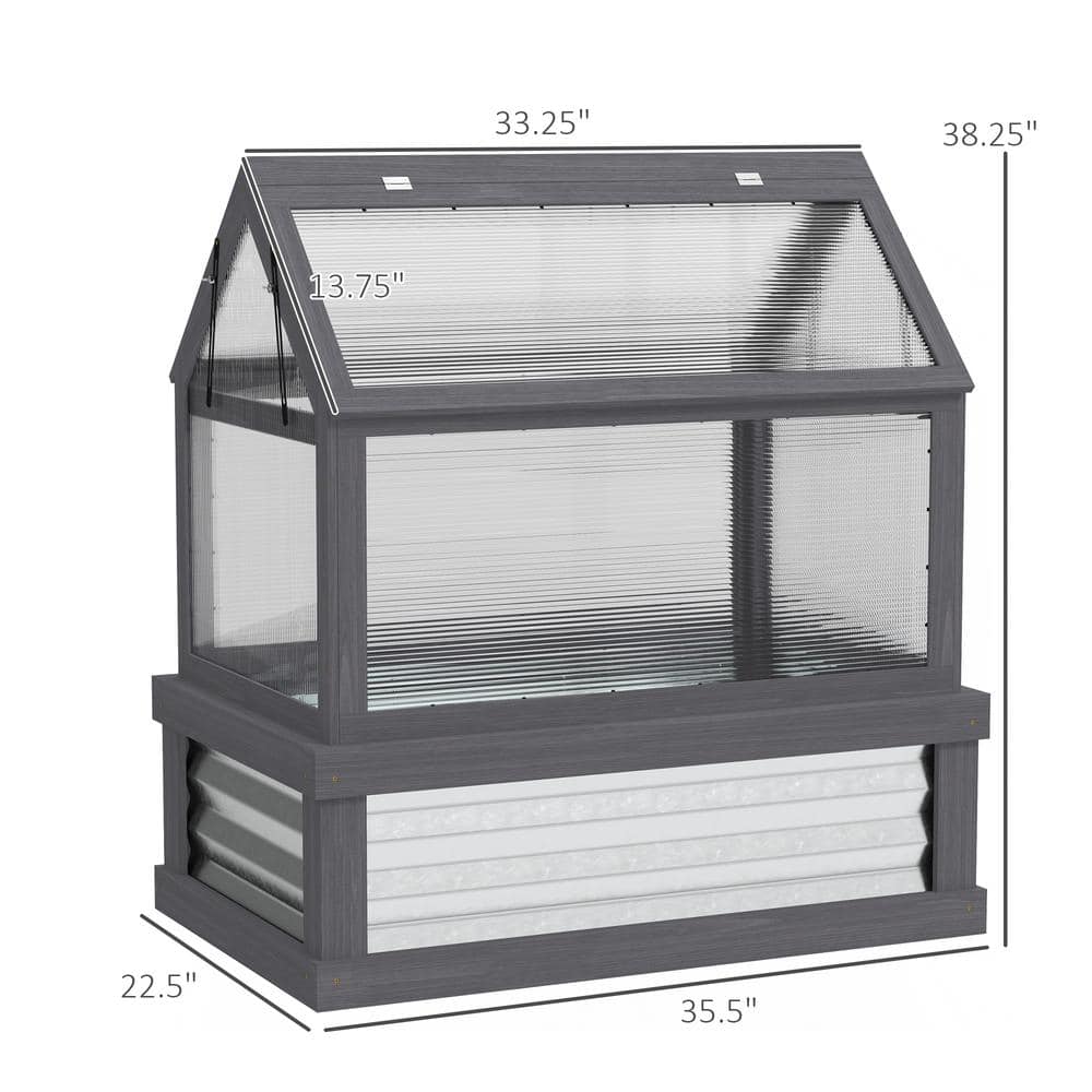 Gray Fir Wood Raised Garden Bed with Polycarbonate Greenhouse