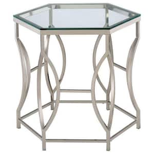 26 in. Chrome Hexagon Glass End Table with Geometric Base