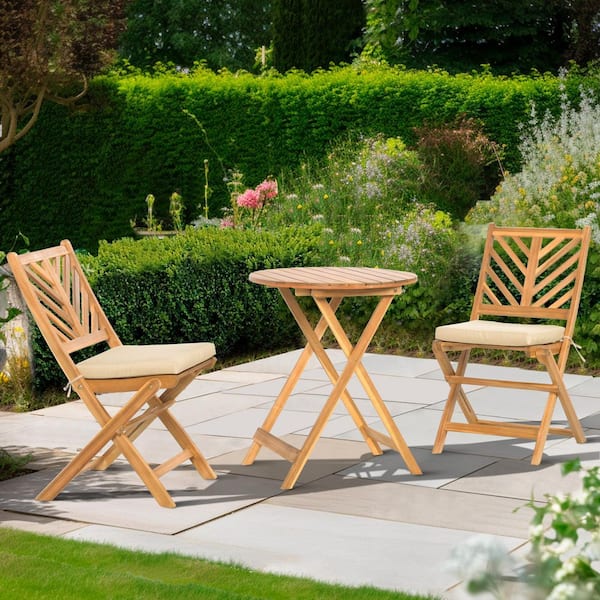 Brown 3-Piece Acacia Wood Outdoor Bistro Set with Light Gray Cushions, Round Outdoor Bistro Table and Chairs Set of 2