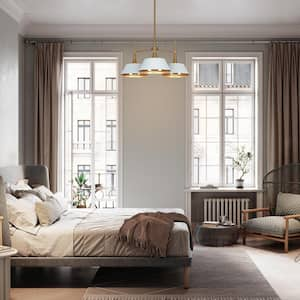 Idaikos Modern 3-Light Brass and White Chandelier Island Ceiling Light with Bell Shades for Living Room and Bedroom