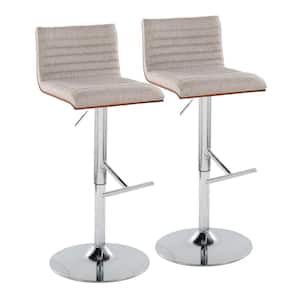 Mason 32.75 in. Adjustable Height Grey Fabric and Chrome Metal Bar Stool with Straight "T" Footrest (Set of 2)