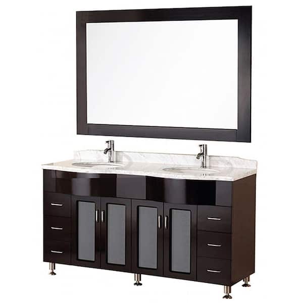 Design Element Cambridge 61 in. W x 22 in. D Vanity in Espresso with Marble Vanity Top and Mirror in Carrera White