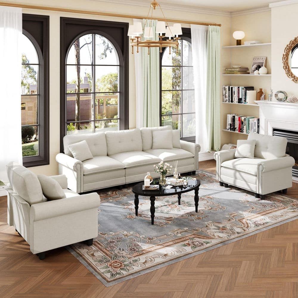 113.8 in. Roll Arm 5-Seat Linen-like Fabric Modular Sectional Sofa in Beige with Throw Pillows