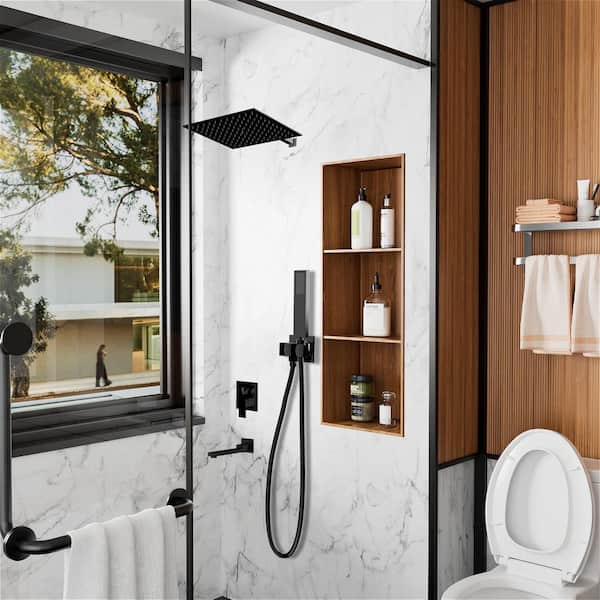 Single-Handle 3-Spray Hand Shower Tub Faucet with 12 in. Wall Mount Rain Shower Heads in Matte Black