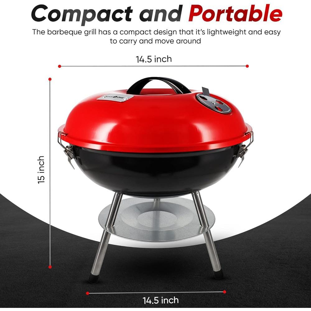 14-Inch Red Portable Charcoal Grill with Smoker