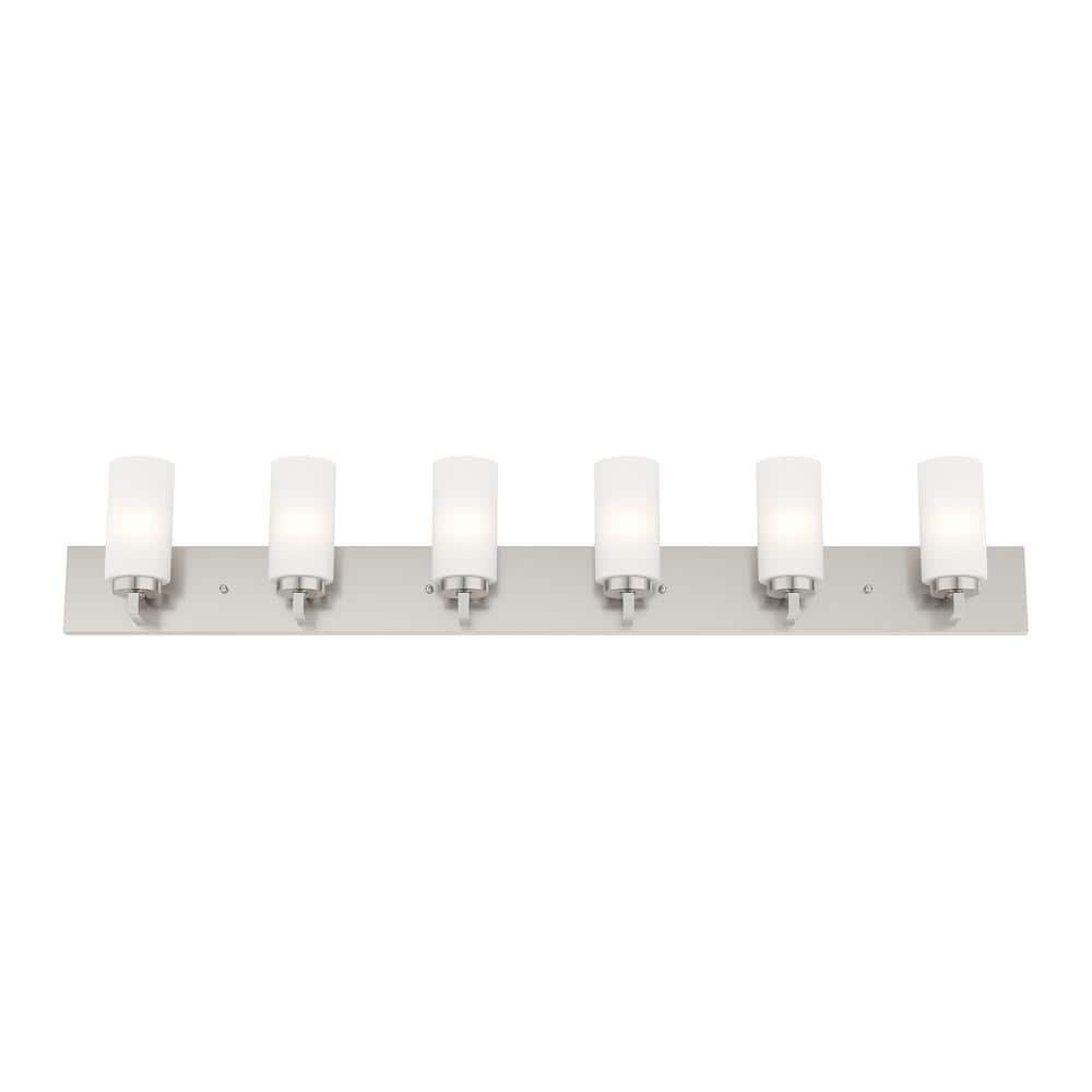 Brushed Nickel 6-Light Steel Vanity with Satin Opal Glass