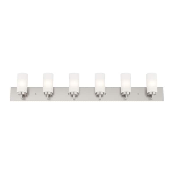 AVIANCE LIGHTING Cranbrook 47 in. 6-Light Brushed Nickel Vanity Light with Satin Opal White Twist Lock Cylinder Glass