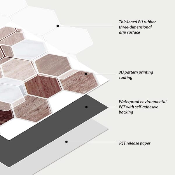 11.8 in. x 11.8 in. x 0.04 in. Vinyl Peel and Stick Tile, Brown Hexagon Wall Tiles 9.7 Sq. Ft./10-Pack