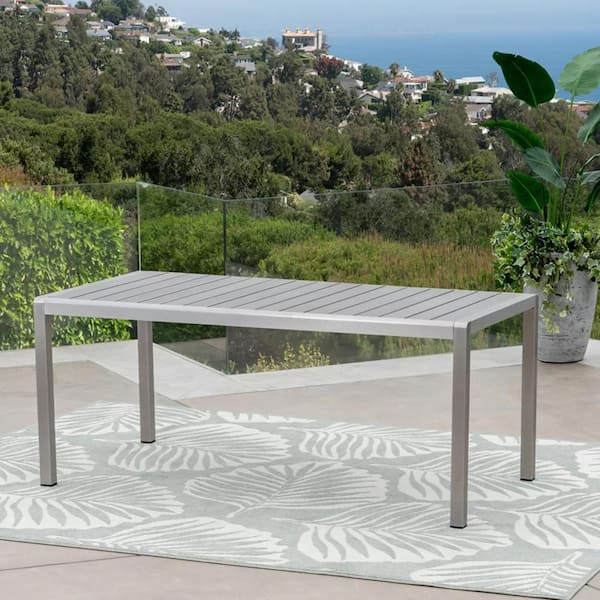 Outdoor patio aluminum coral rectangular dining table with faux wood grey top and finish