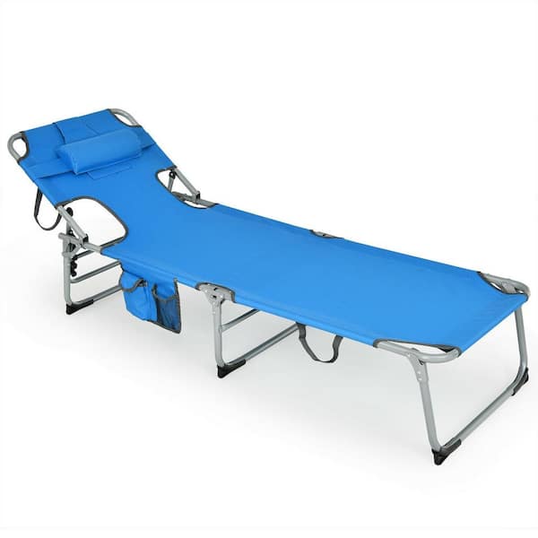 ANGELES HOME Metal Patio Outdoor Chaise Lounge Foldable Sun Lounge with Hole and Side Package in Blue