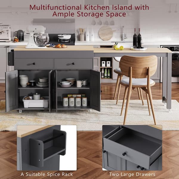 grossag Gray Wood 74.5 in. Large Kitchen Island (Chairs Not