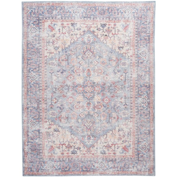 Nicole Curtis Machine Washable Traditional Boho Light Grey/Blue 9'2 x 12'  Area Rug, (9' x 12')