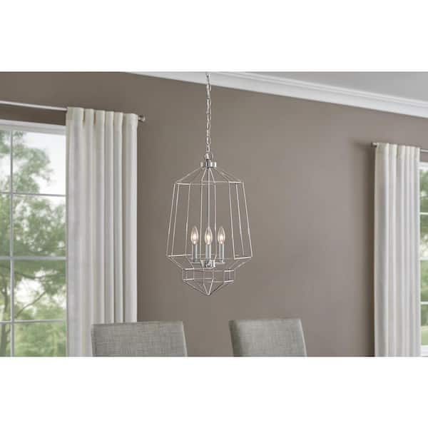 Hampton Bay Winfield 3-Light Chrome Caged Chandelier Light Fixture with Geometric Metal Shade