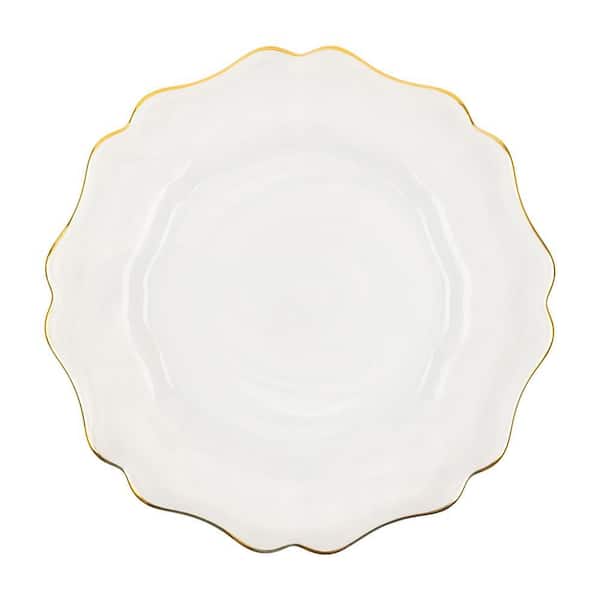 Empire 13 in. D White Alabaster Glass Charger Plate with Gold Rim