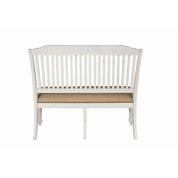 White Benjara Farmhouse Style Wooden Bench with Fabric Seat and Block Legs