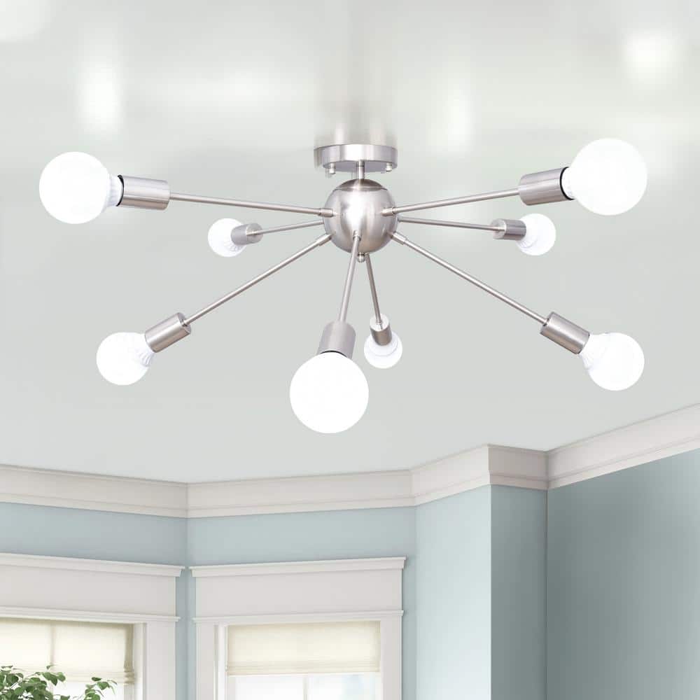 Nickel 8-Light Geometric Sputnik Semi Flush Mount Chandelier