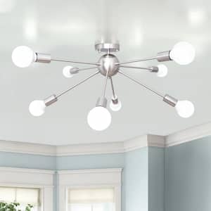 30.11 in. 8-Light Nickel Sputnik Semi Flush Mount Chandelier for Bedroom Living Room with No Bulbs Included
