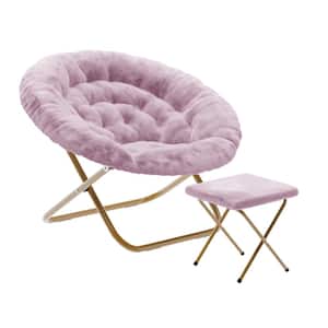Gwen 38 in. Oversize Faux Fur Folding Saucer Moon Side Chair with Folding Ottoman Dusty Purple Faux Fur/Soft Gold Frame
