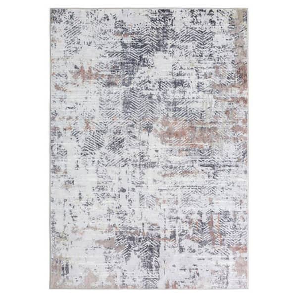 Benjara Modern White, Blue and Brown 8 ft. x 10 ft. Abstract Art Design Polypropylene Fabric Area Rug