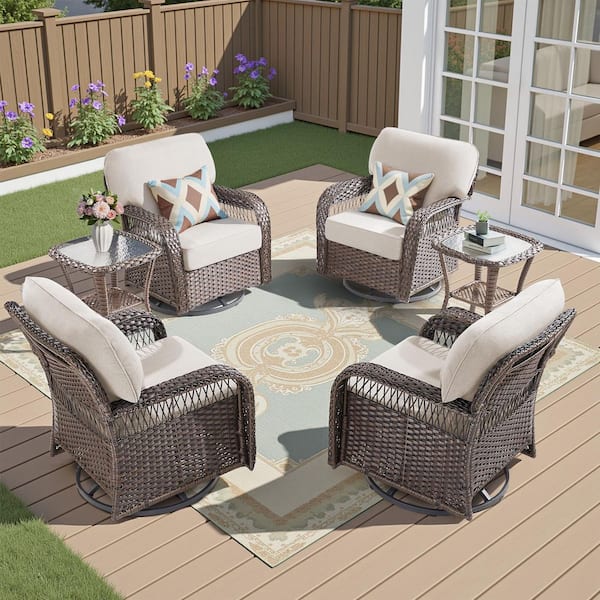 6-Piece Wicker Patio Conversation Set, Outdoor Swivel Chairs, with Beige Cushions,Widen the backrest