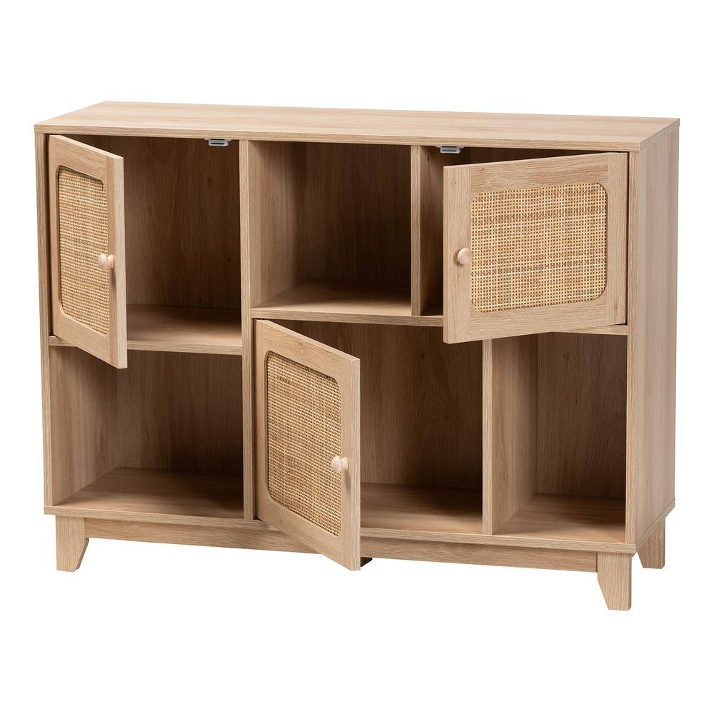 Elsbeth Light Brown Wood and Rattan 3-Door Sideboard