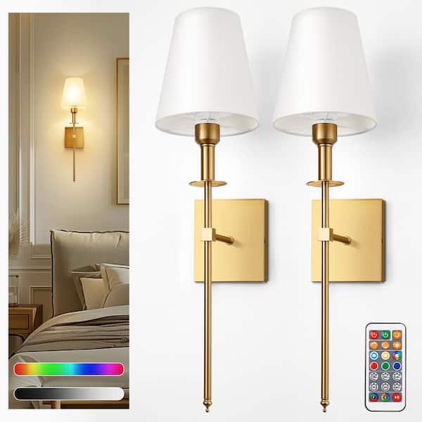 6 in. 1-Light Gold Square Wall Sconces with Remote, Dimmable Modern Bedroom Wall Lights (2-Pack)