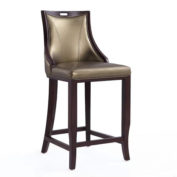 Emperor 27 in. Bronze and Walnut Beech Wood Bar Stool with Faux Leather Upholstered Seat