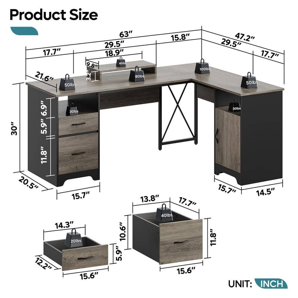 Gray L-Shaped Wood Gaming Desk with Drawers and Keyboard Tray