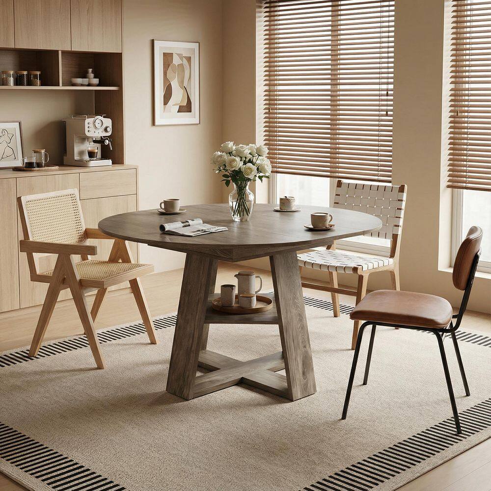Natural Gray Wood Cross Legs Extendable Dining Table Seats 4-8 with Removable Leaves and Storage Shelf