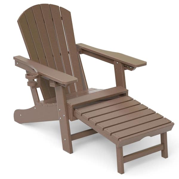 Kahomvis Outdoor Folding Brown Plastic Adirondack Chair with Retractable Ottoman (1-Pack)
