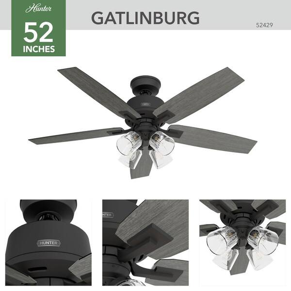 Hunter - Gatlinburg 52 in. Indoor Matte Black Ceiling Fan with Light Kit and Remote Included