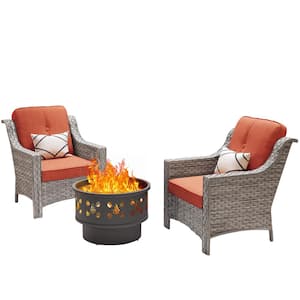 Eureka Gray 3-Piece Wicker Outdoor Patio Conversation Chair Set with a Wood-Burning Fire Pit and Red Cushions