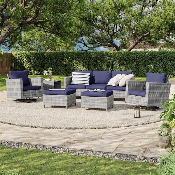 JOYESERY 6-Piece Gray Wicker Outdoor Seating Sofa Set with Swivel Rocking Chairs, Navy Blue Cushion