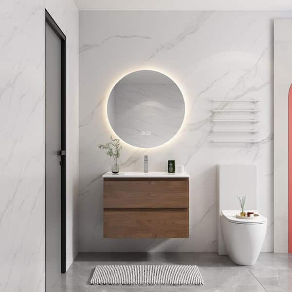 30 in. W x 18 in. D x 21 in. H Single Sink Wall-Mounted Bathroom Vanity Set in Brown Oak with White Resin Top