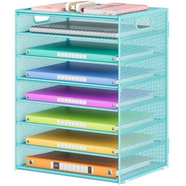 12.7 in x 16.5 in Blue Metal 8 Tier Paper Organizer for Desk, with Handles, Including 5 Adjustable Slid Trays